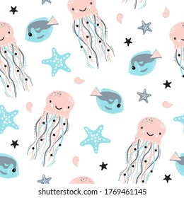 Cute seamless pattern with  jellyfish, starfish. Creative kids texture for fabric, wrapping, textile, wallpaper, apparel. Vector illustration.