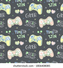 Cute seamless pattern with joystick, doodles and text for textiles. Colored background for gamers. Vector design with gamepad on gray background for t-shirt, poster.