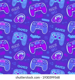 Cute seamless pattern with joysticks, flowers, hearts, text. Background with gamepad for textile design, covers. Kawaii style.