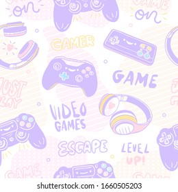 Cute seamless pattern with joysticks, text and headphones for baby textiles. Background for the gamer.
