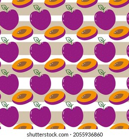 Patrón perfecto con ciruelas jugosas púrpura. Ilustración vectorial para la decoración, el papel envoltorio y el tejido.