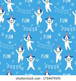 Cute seamless pattern with jumping dogs. Festive ornament for children's holiday decor, cover art, textiles. Cartoon vector illustration.