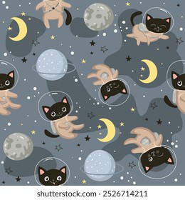 Cute seamless pattern kawaii Black Cat Astronaut in Space. Cartoon animals background. Vector Illustration EPS 10