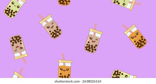 Cute seamless pattern of kawaii bubble tea cups with happy faces, on a violet background