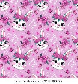 cute seamless pattern with kawaii bunny and flowers. Vector illustration