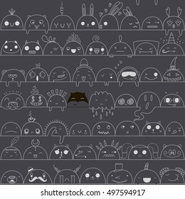 Cute seamless pattern with kawaii faces. Funny vector background in cartoon.