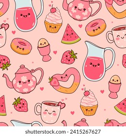 Cute Seamless pattern with kawaii food for breakfast. Vector graphics.