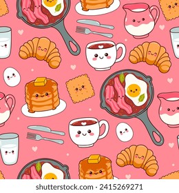 Cute Seamless Cute Seamless pattern with kawaii food for breakfast. Vector graphics.. Vector graphics.