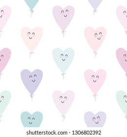 Cute seamless pattern with kawaii hearts balloons. For Valentines day, birthday, baby shower, holidays design. Vector
