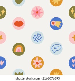 Cute seamless pattern with kawaii icons. Positive print with rainbow, stars, hearts, lips etc.
Ideal for wrapping paper, backgrounds, fabric design etc.
Trendy hand drawn vector illustrations.