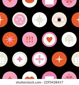 Cute seamless pattern with kawaii icons. Positive print with stars, hearts, shopping cart etc. Ideal for wrapping paper, social media backgrounds, fabric design. Trendy hand drawn vector illustration