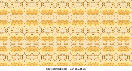 Padrão perfeito bonito de pão de melão kawaii com rostos sorridentes e tons de pastel macio. Ideal para designs com temas de comida, tecidos ou fundos lúdicos. Melão, bonito, kawaii, padrão, sem costura.