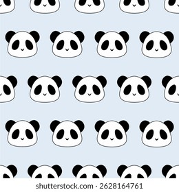 Cute seamless pattern of kawaii panda faces in black and white on a baby blue background. Minimal and playful design, perfect for kids' products, gift wrap, fabric, wallpaper, and fun graphic projects