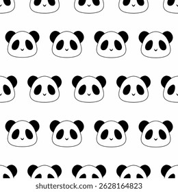 Cute seamless pattern of kawaii panda faces in black and white on a white background. Minimal and playful design, perfect for kids' products, gift wrap, fabric, wallpaper, and fun graphic projects.
