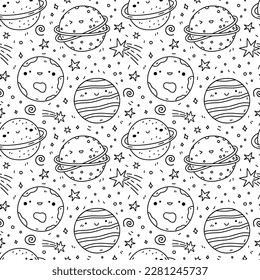 Cute seamless pattern with kawaii planets and stars on white background. Vector hand-drawn illustration in doodle style. Perfect for print, decorations, wrapping paper, wallpaper.