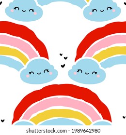 Cute seamless pattern with kawaii rain cloud and rainbow. Creative vector design for funny wallpaper or cool packaging
