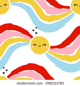 Cute Seamless Pattern With Kawaii Shining Sun And Rainbow. Creative Vector Design For Funny Wallpaper Or Cool Packaging