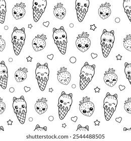 Cute seamless pattern with kawaii style characters. Children's vector coloring book on white background