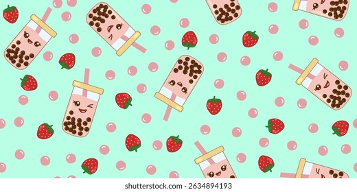Cute seamless pattern kawaii style strawberry bubble tea on turquoise background, vector