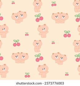 Cute Seamless pattern kawaii sweet animals cartoon character bear's cherry 