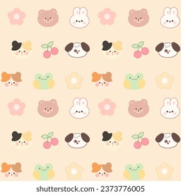 Cute Seamless pattern kawaii sweet animals cartoon character bear's cherry 