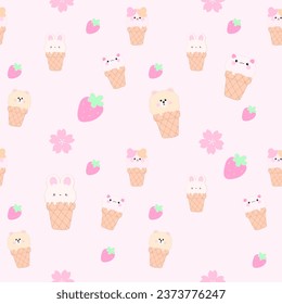 Cute Patrón sin foco kawaii animales dulces personaje de caricatura con gato conejito de fresa helado