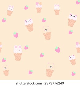 Cute Seamless pattern kawaii sweet animals cartoon character with ice cream strawberry bunny cat