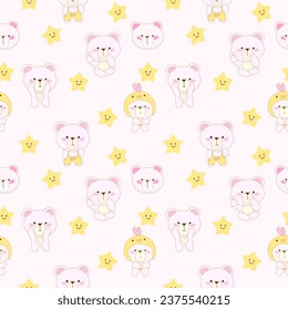 Cute Seamless pattern kawaii sweet animals cartoon character bear's elements for kid's paper textile clothes  on pink background with yellow stars  