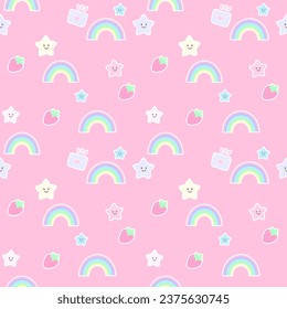 Cute Seamless pattern kawaii sweet animals cartoon character bear's elements for kid's paper textile clothes  on pink background with yellow stars  