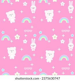 Cute Seamless pattern kawaii sweet animals cartoon character bear's elements for kid's paper textile clothes  on pink background with yellow stars  