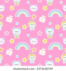 Patrón sin marea kawaii animales dulces caricatura personaje de oso elementos para ropa textil de papel infantil sobre fondo rosa con estrellas amarillas  