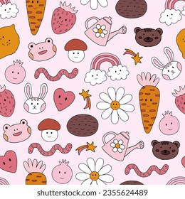 	
Cute seamless pattern with Cute Kawaii vegetables and animals. Set of spring doodle vector illustrations. Garden pattern. Ash rose color.
