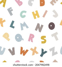 Cute Seamless Pattern For Kids ABC Alphabet Background Used For Print, Wallpaper, Decor, Kids Room Wall Art. Vector Illustration