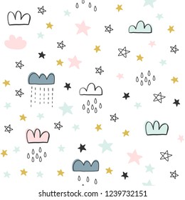 Cute seamless pattern for kids, baby apparel, fabric, textile, wallpaper, bedding, swaddles with stars, clouds, hearts, moon