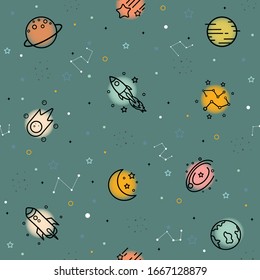 Cute seamless pattern for kids Background images of stars, planets and spaceships Design concepts used for Printing, textiles, children's clothing patterns, gift wrap. Vector illustration