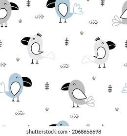 Cute seamless pattern for kids Bird background standing next to a clump of grass cartoon style design on white background vector illustration