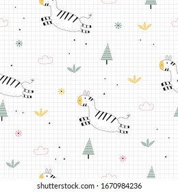 Cute Seamless Pattern For Kids The Cartoon Background Of The Zebra Is Jumping With Trees And Flowers Design Ideas Used For Printing, Gift Wrapping, Baby Clothing, Textiles, Vector Illustration