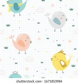 Cute seamless pattern for kids Cartoon background with bright colored birds and small clumps of grass Design ideas used for printing, gift wrap, children's clothing, textile, vector illustration