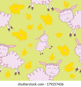 Cute seamless pattern for kids with cartoon sheep and flowers and green background
