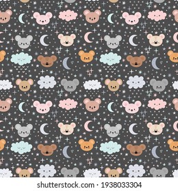 Cute seamless pattern for kids with cartoon little mouses. Lovely animals. Children background with moon, stars and clouds. Vector illustration