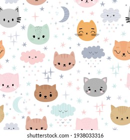 Cute seamless pattern for kids with cartoon little cats. Children background with moon, stars, kittens and clouds. Lovely animals. Vector illustration