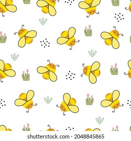 Patrón perfecto para los niños. animal de dibujos animados con fondo de abejas y flores Diseño dibujado a mano al estilo de los niños. Uso para impresión, papel pintado, envoltura de regalo, textiles, ilustraciones vectoriales.