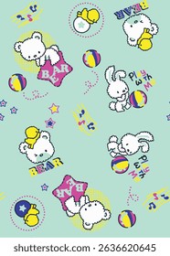 Cute seamless pattern for kids featuring playful animals and bright colors. Perfect for nursery decor, children's clothing, and baby products.
