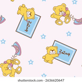 Cute seamless pattern for kids featuring playful animals and bright colors. Perfect for nursery decor, children's clothing, and baby products.