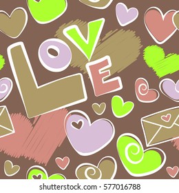 Cute seamless pattern for kids, girls and boys. Creative vector background is made up of hearts and love letter in pink and green colors. It can be used to create prints, wrapping, textile.