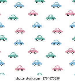 Nahtloses Muster für Kinder mit handgezeichneten, bunten Autos. Vektorgrafik