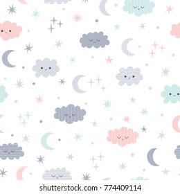 Cute seamless pattern for kids. Lovely children background with moon, stars and clouds. Vector illustration