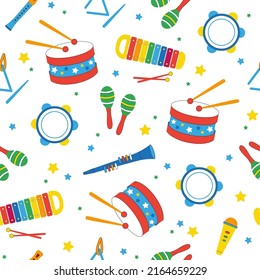 Cute seamless pattern with kids musical instruments drawn in cartoon style. Funny vector backdrop for baby textile, wrapping paper, printing on any surface