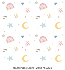 cute seamless pattern for kids rainbow , flowers and moon