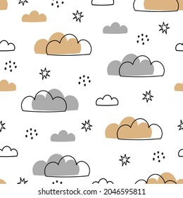 Cute seamless pattern for kids sky background with clouds Cartoon hand drawn design. Use for printing, wallpaper, gift wrapping, textiles, vector illustrations.